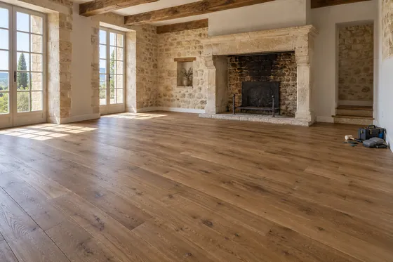 Plancher d’Autrefois — marron fumé posé — mise en situation